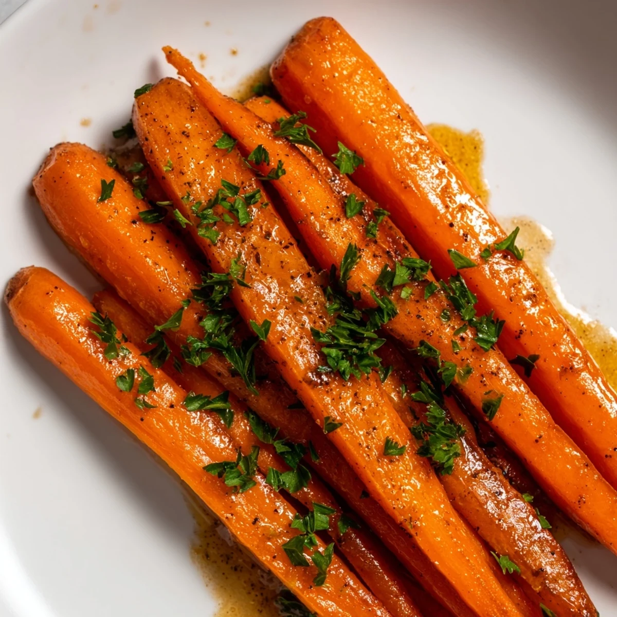 Close-up of tender Roasted Carrots with Maple and Cumin Glaze topped with fresh cilantro and a sprinkle of sea salt. 
