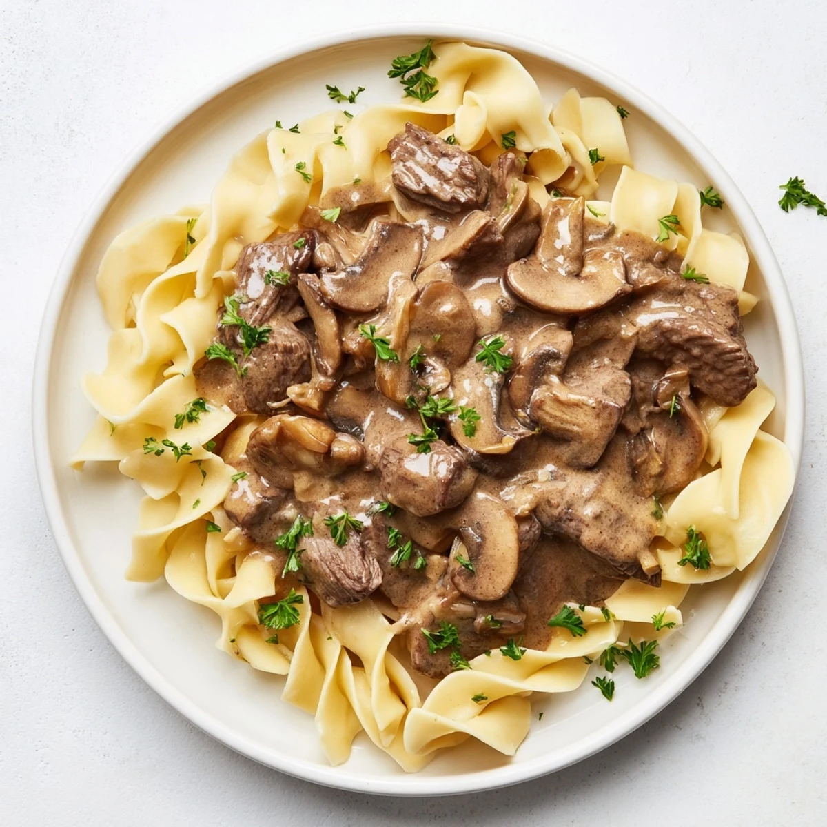 A close-up of Beef Stroganoff with Egg Noodles shows savory beef, sautéed mushrooms, and silky sour cream sauce served in a white bowl.