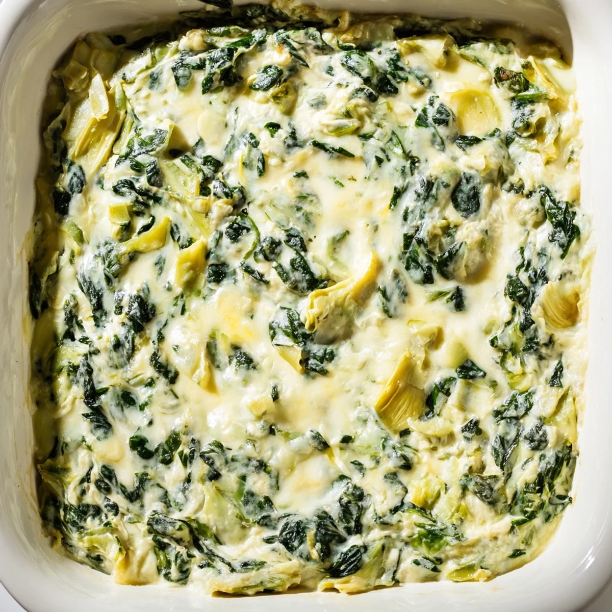 A warm, bubbly Creamy Spinach and Artichoke Dip with Chips served in a baking dish, ready for dipping.