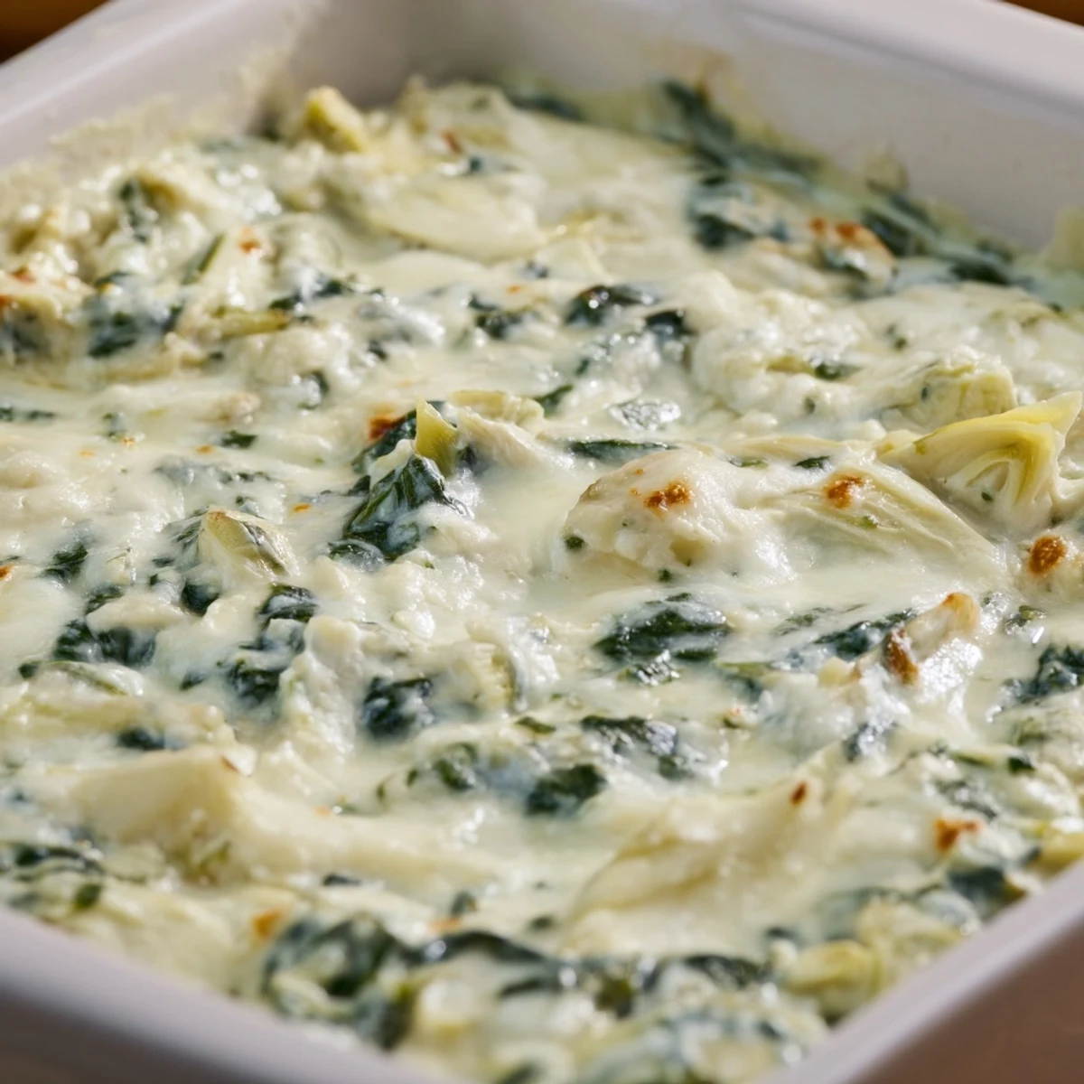 Visualize a creamy, golden-brown topped Creamy Spinach and Artichoke Dip with Chips beside a basket of crunchy chips.