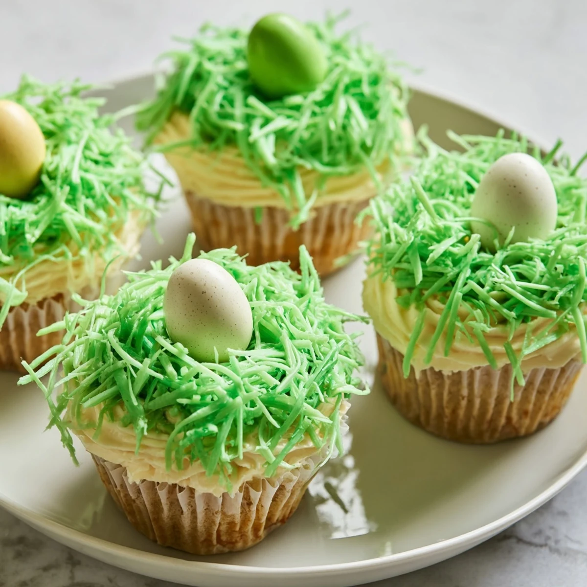 Easter Basket Cupcakes with Coconut Grass sit on a pastel plate, green coconut textured like fresh spring blades and mini candy eggs nestled on top.