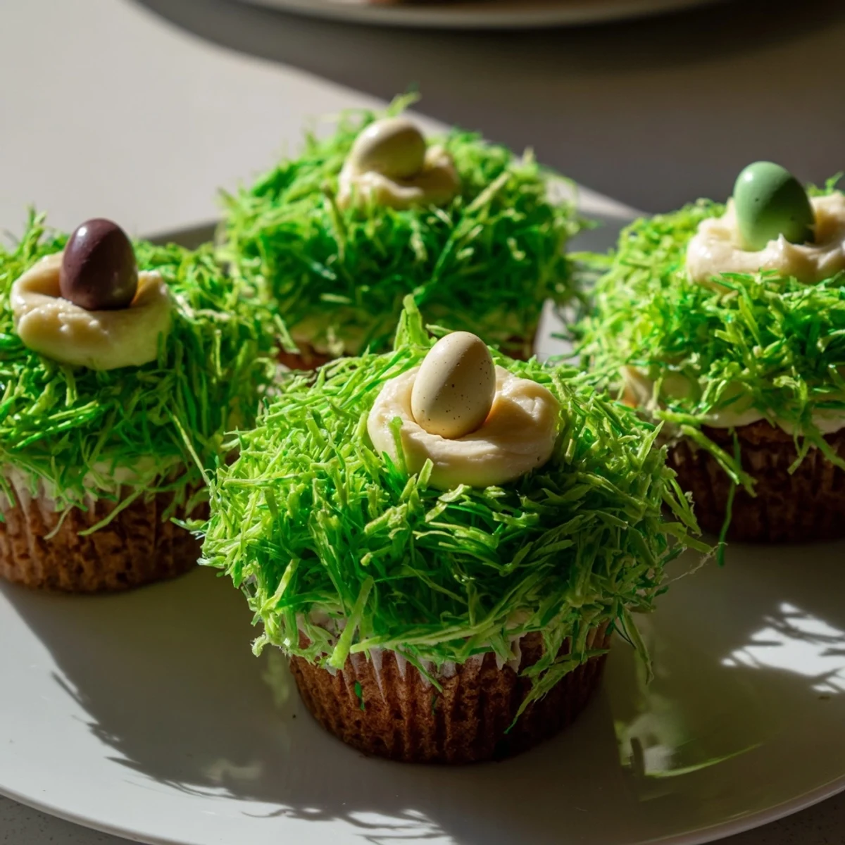 Serving suggestion for Easter Basket Cupcakes with Coconut Grass arranged on a dessert table with pastel napkins and a basket handle made from licorice.