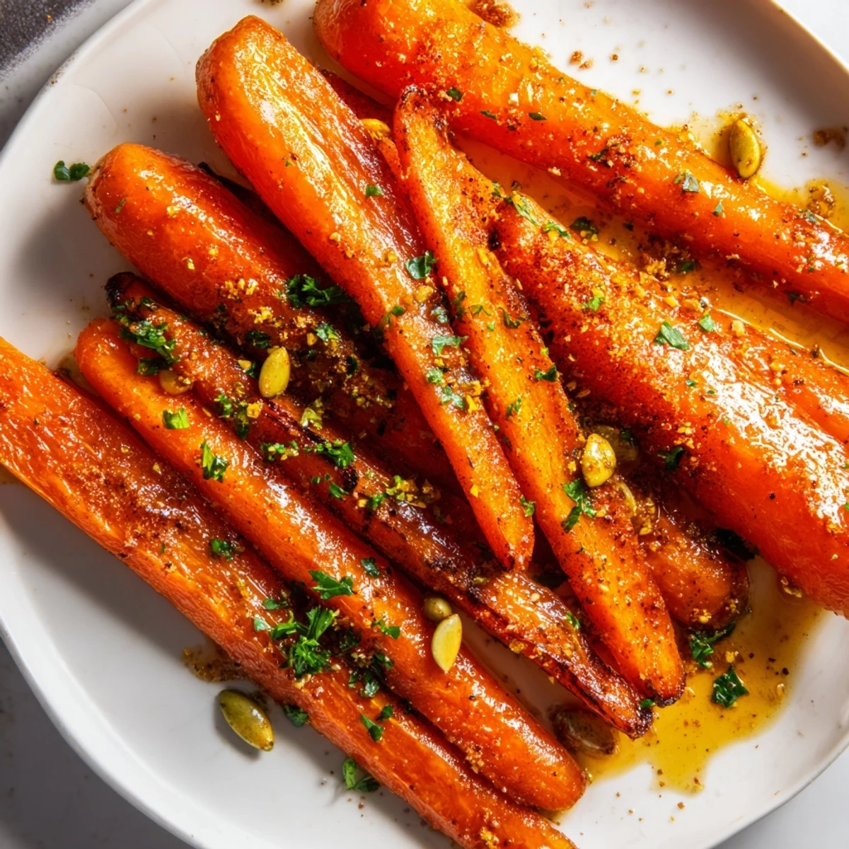 Glistening roasted carrots with maple and cumin glaze garnished with fresh parsley on a rustic platter.