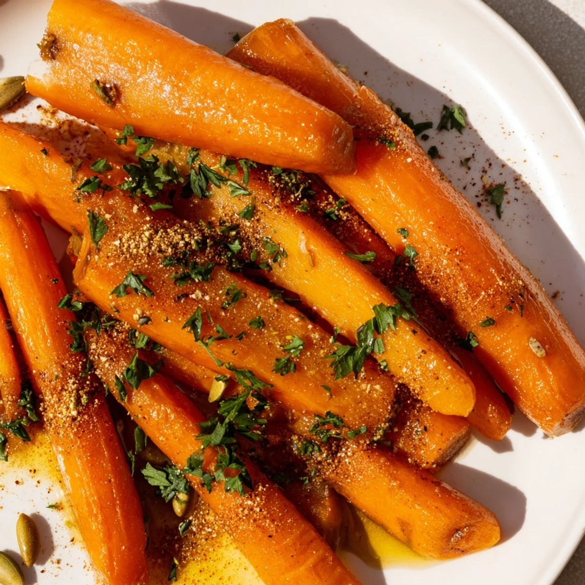 A close-up of tender roasted carrots with maple and cumin glaze drizzled over them in a kitchen.
