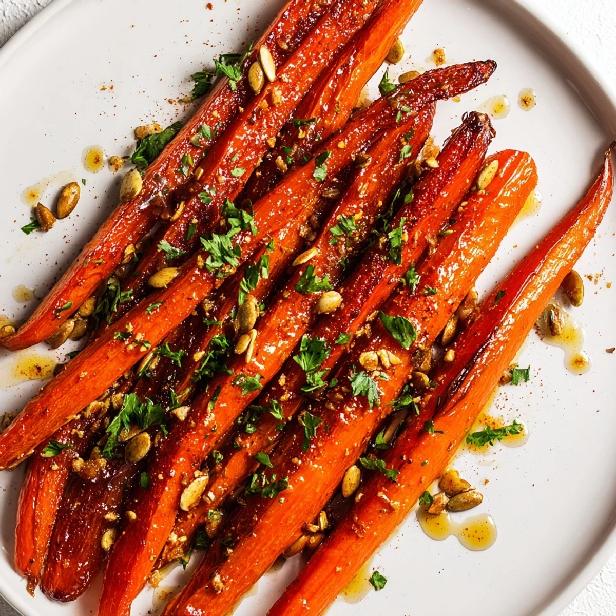 A serving suggestion of roasted carrots with maple and cumin glaze alongside grilled chicken on a dinner plate.