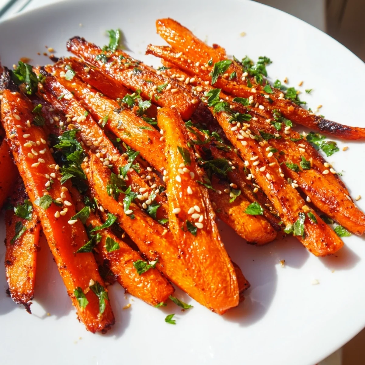A close-up of roasted carrots with maple and cumin, glistening with caramelization and topped with fresh parsley.