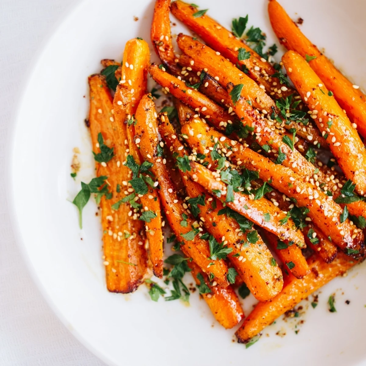Roasted carrots with maple and cumin served warm on a white platter, garnished with toasted sesame seeds.