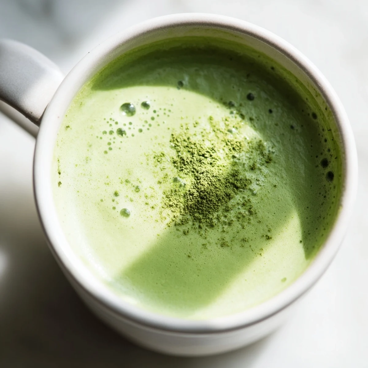 Green matcha latte with almond milk served over ice in a glass, showing its refreshing jade color and perfect for a cool day.