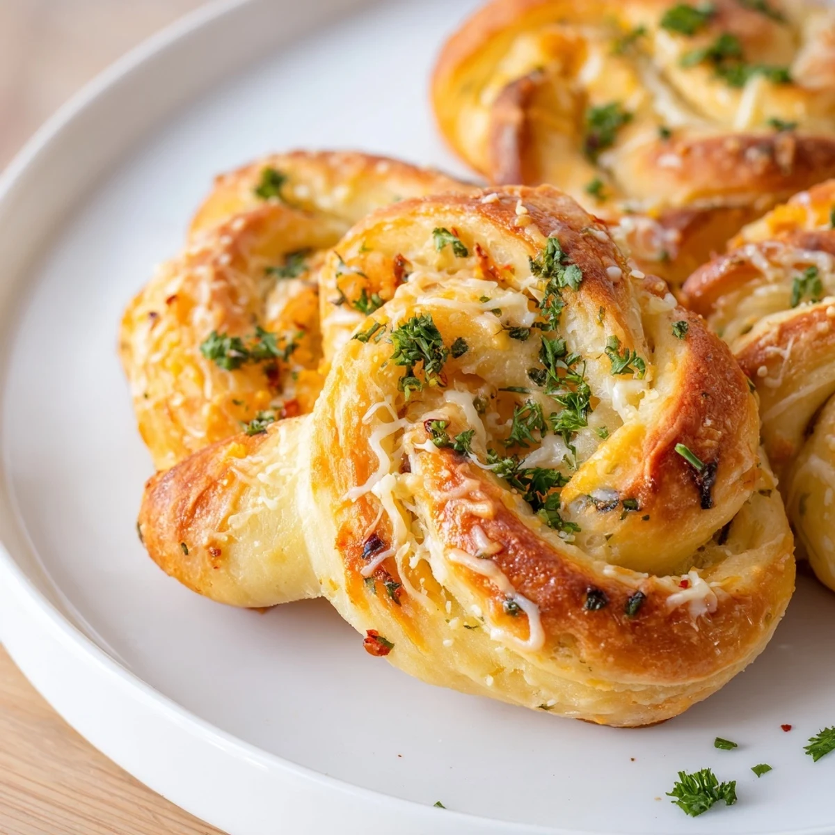 Golden, crispy Crispy Air Fryer Pizza Cheese Bread Twists fresh from the air fryer, brushed with garlic butter and ready to dip in warm marinara.