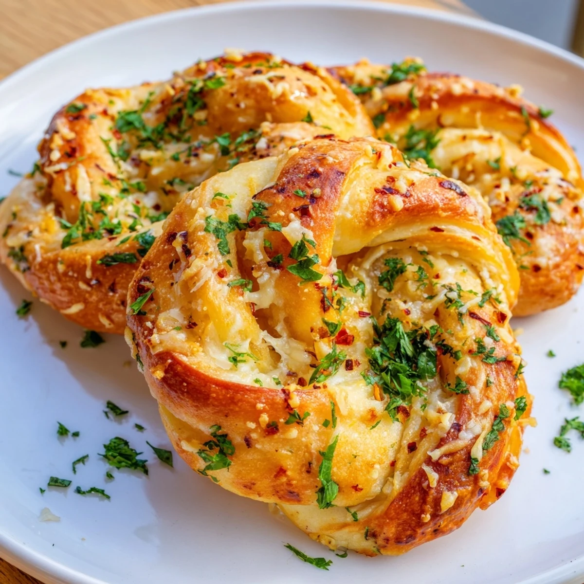 A close-up view of golden-brown Crispy Air Fryer Pizza Cheese Bread Twists stacked on a plate, revealing melted mozzarella and Parmesan inside each twist.