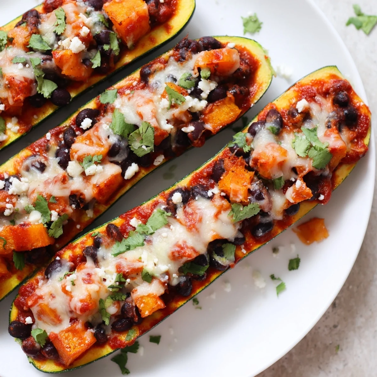 Close-up of Black Bean and Butternut Squash Enchilada Boasts showing melted cheese and zesty red sauce.