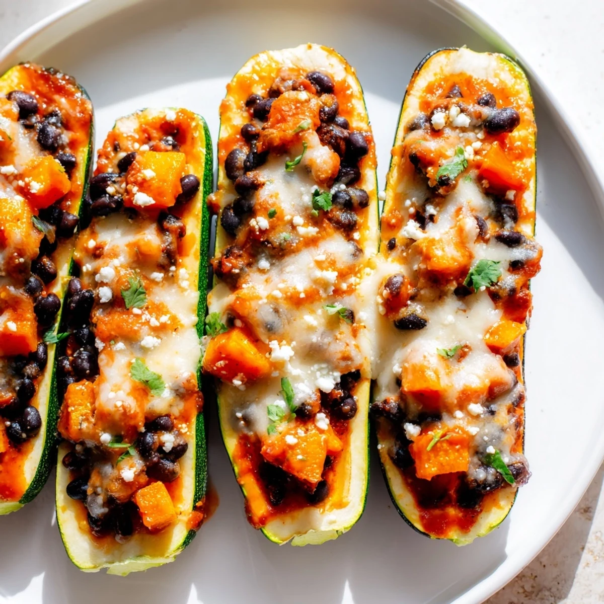 Freshly roasted Black Bean and Butternut Squash Enchilada Boats sit on a plate, garnished with avocado and cilantro.