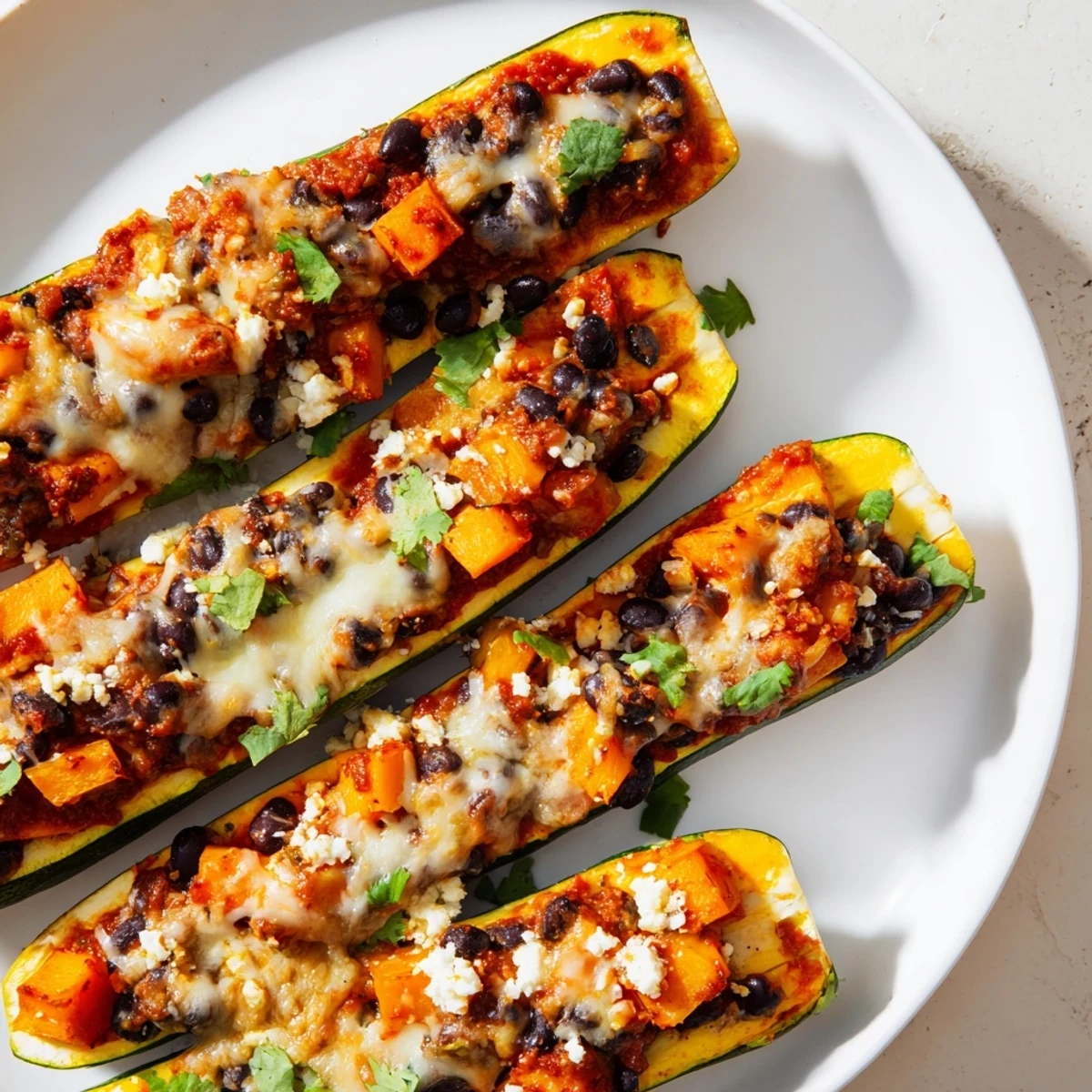 Black Bean and Butternut Squash Enchilada Boats served with lime wedges and queso fresco on a rustic table.