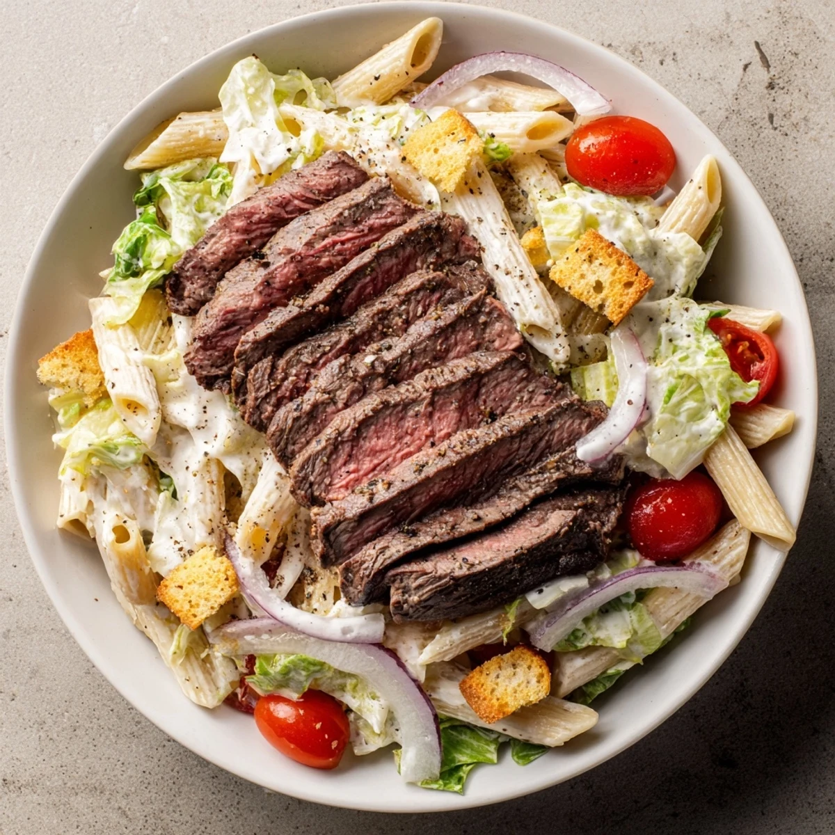 Grilled steak slices rest atop a bowl of Flavorful Steak Caesar Pasta Salad with crisp romaine and penne pasta.
