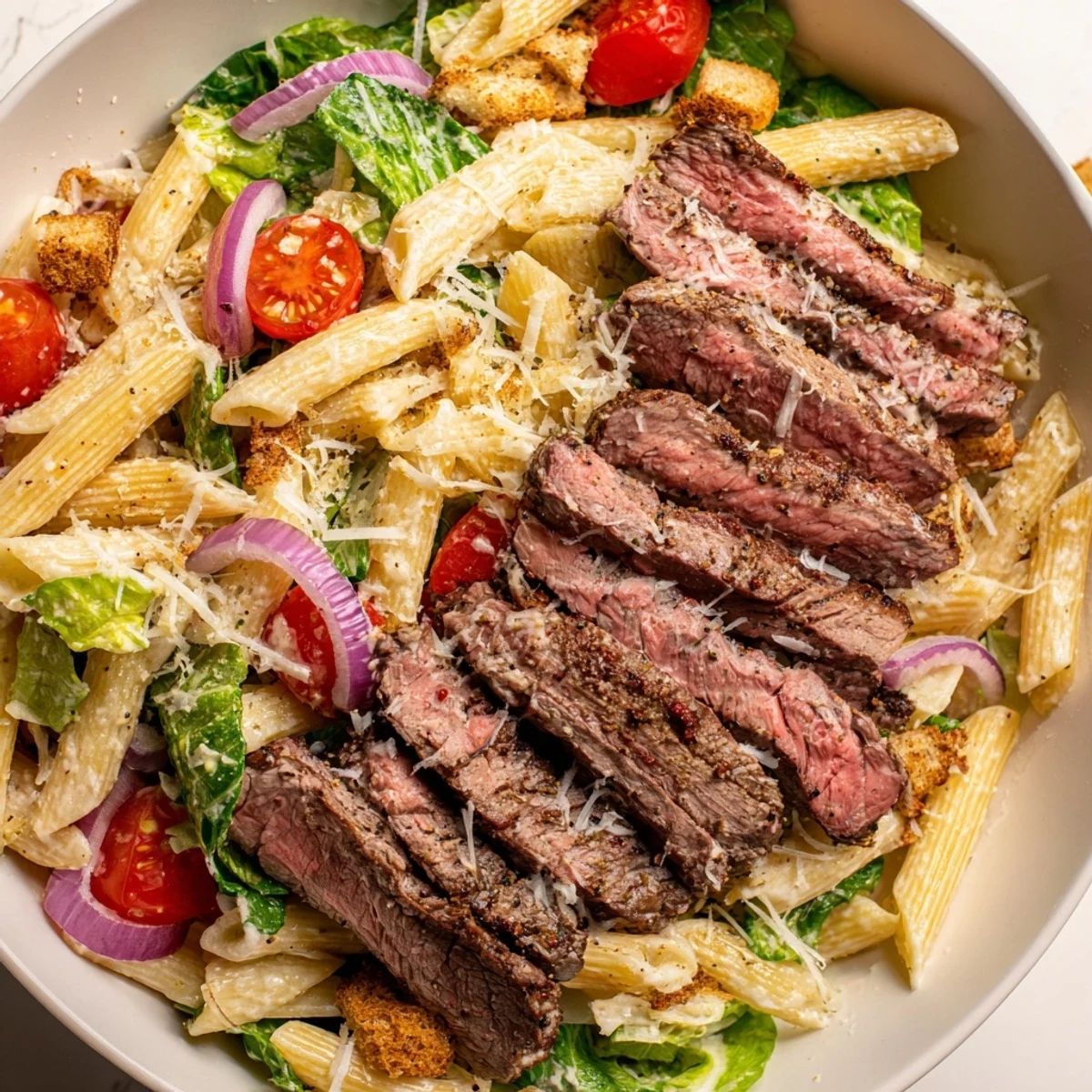In a white bowl, Flavorful Steak Caesar Pasta Salad is garnished with halved cherry tomatoes and thinly sliced red onion.