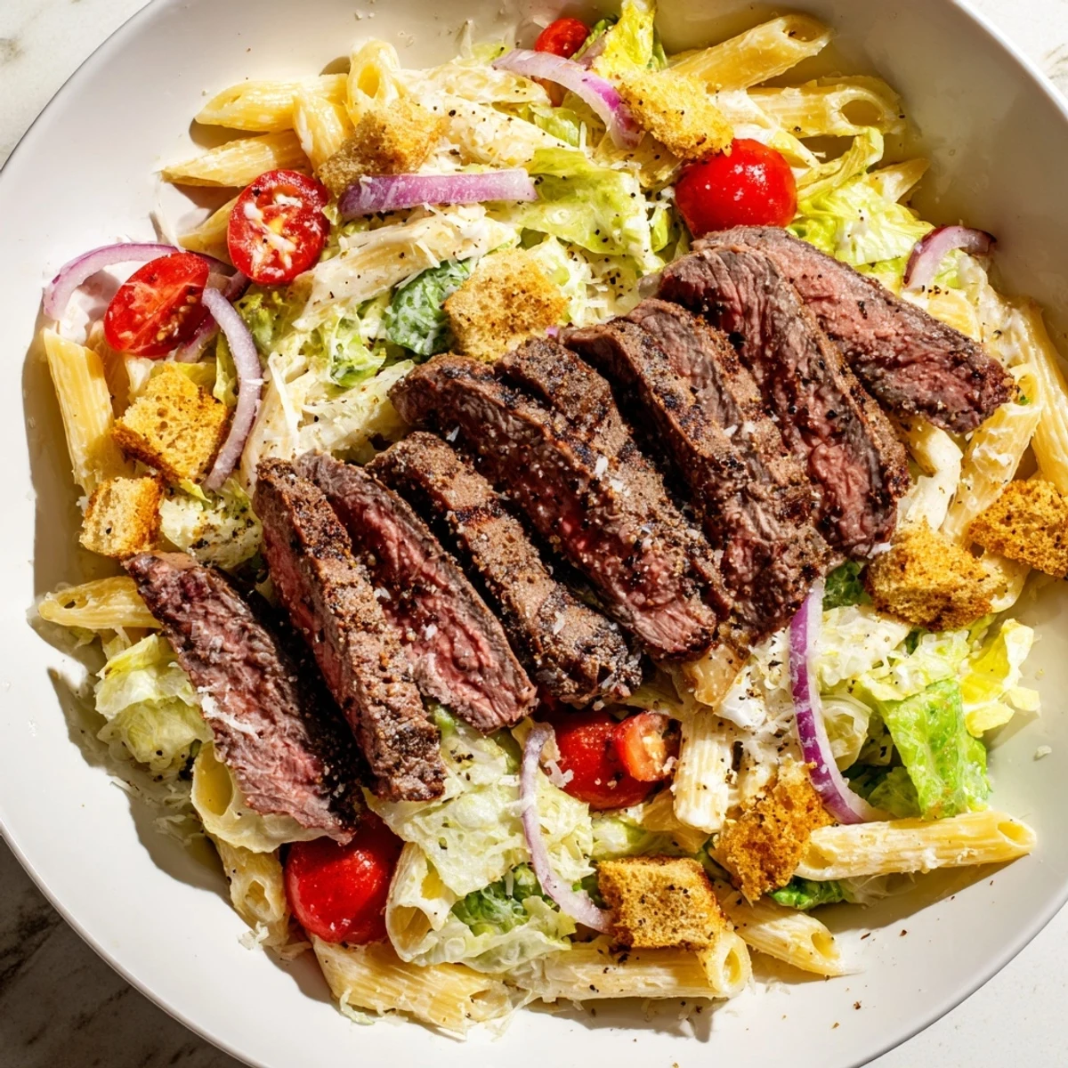 A close-up of Flavorful Steak Caesar Pasta Salad shows creamy Caesar dressing, shaved Parmesan, and crunchy croutons.