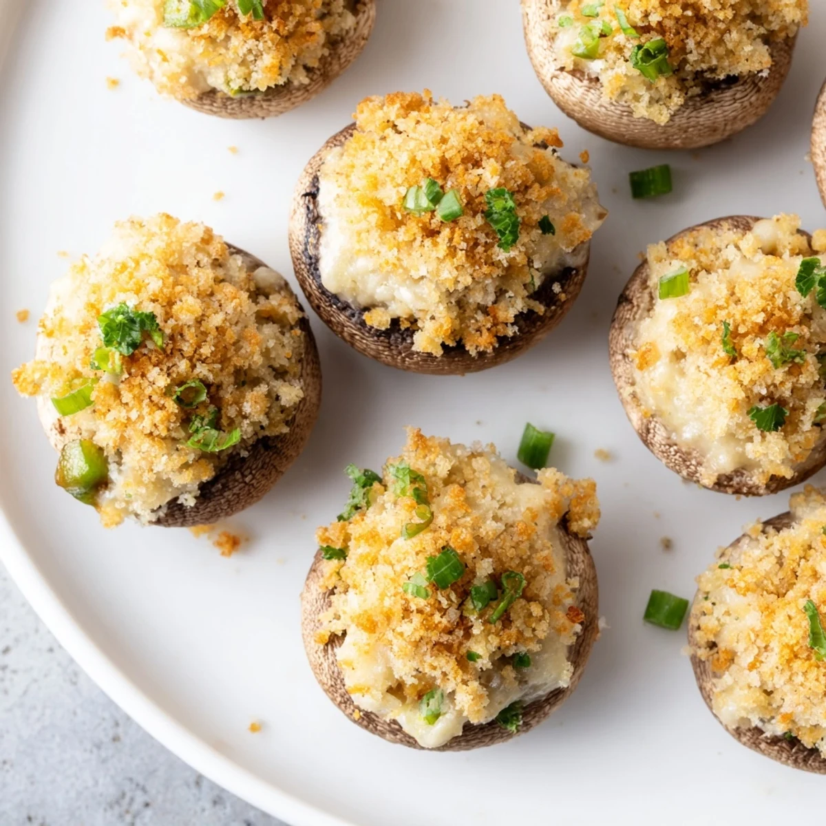 Golden-brown stuffed mushrooms topped with buttery breadcrumbs and fresh parsley, filled with creamy mozzarella and cheddar cheese.