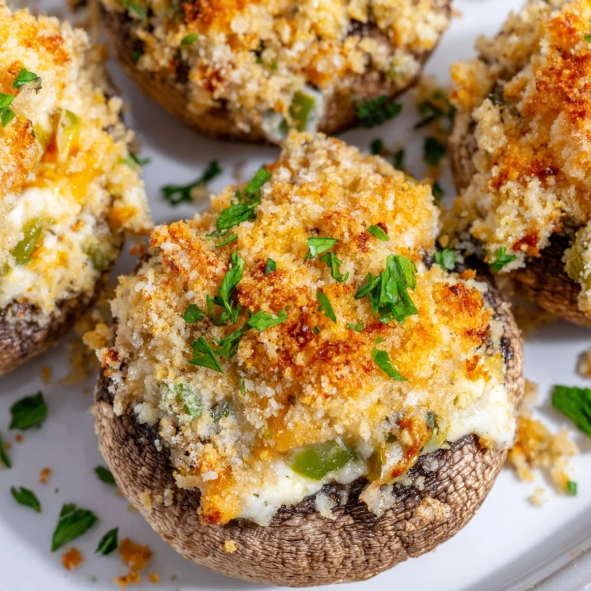 Mozzarella Popper Stuffed Mushrooms with Cheddar and Spices sit on a rustic wooden serving board.
