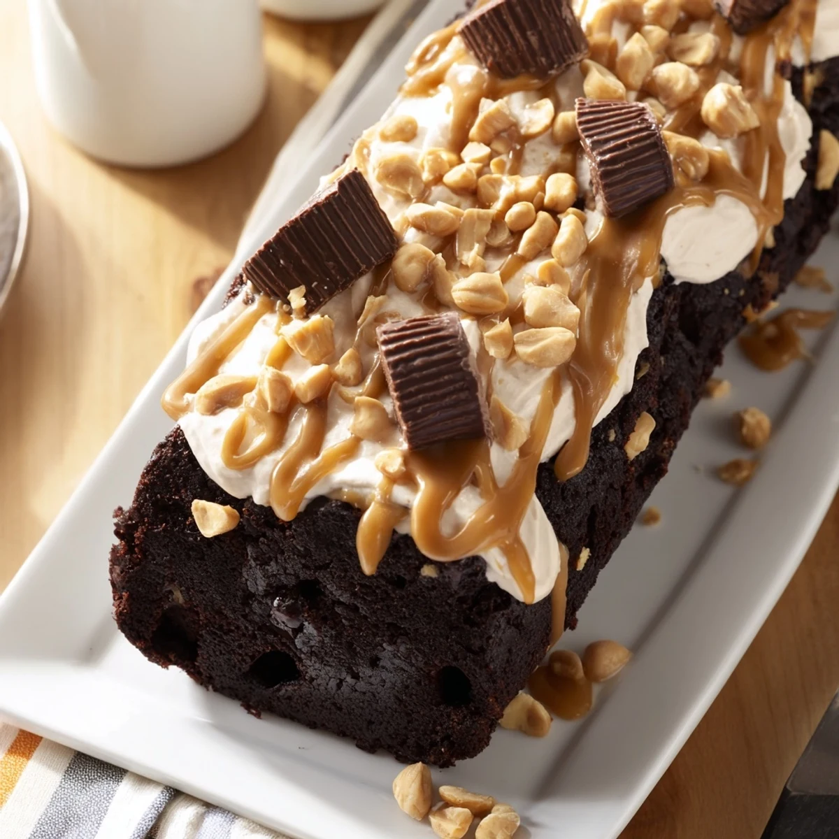A slice of Chocolate Peanut Butter Poke Cake reveals creamy filling in the holes, topped with whipped cream and a drizzle.