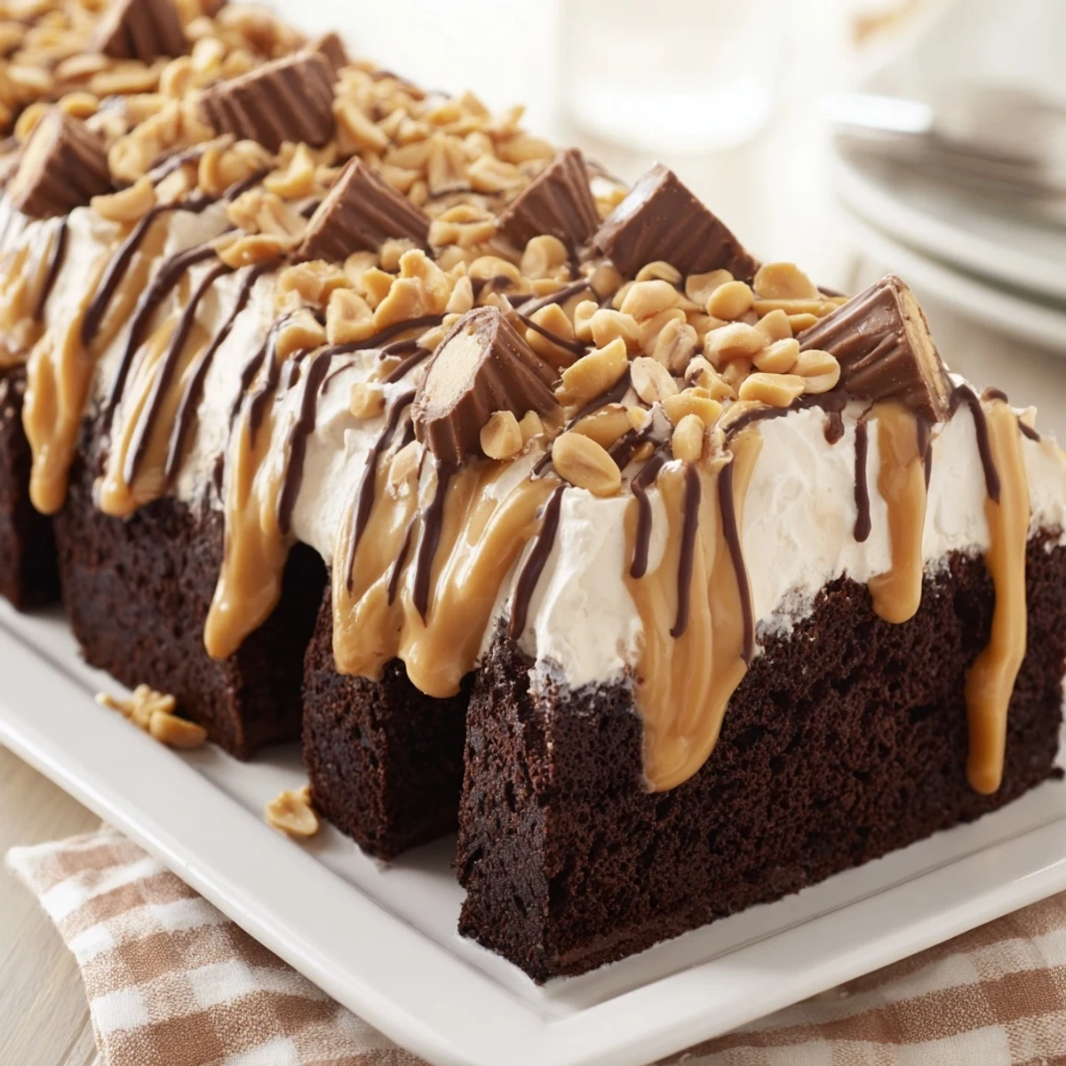 This decadent chocolate peanut butter poke cake sits on a white plate with a glass of milk beside it.