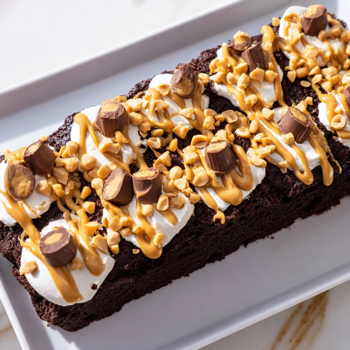 Freshly prepared chocolate peanut butter poke cake shows rich drizzle and chopped peanut garnish, perfect for a celebration dessert.