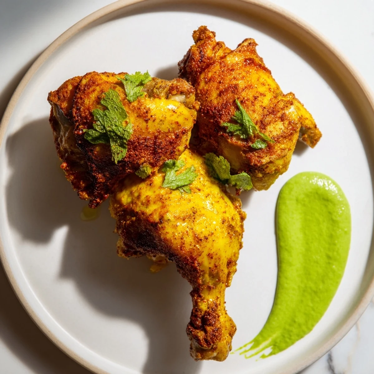 Roasted golden-brown Peruvian Roast Chicken with Creamy Green Sauce served beside a vibrant green dip.