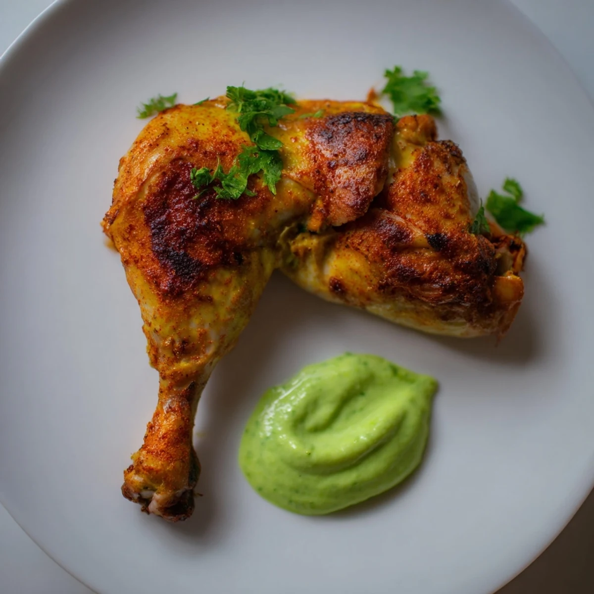 A close view of succulent Peruvian Roast Chicken with Creamy Green Sauce highlighting crispy skin and herbs.