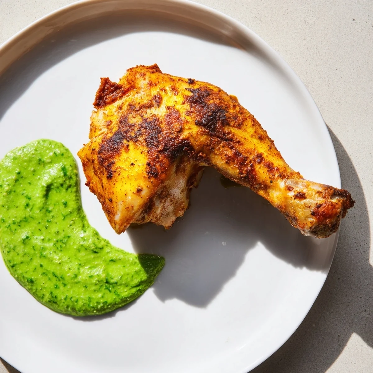 Juicy spiced Peruvian Roast Chicken with Creamy Green Sauce sliced and plated with roasted potatoes.
