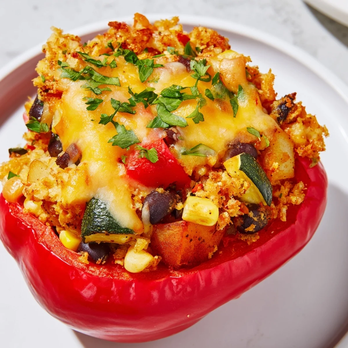 Golden-baked Cajun Potato Stuffed Bell Peppers filled with zesty potatoes and vegetables, served hot as a hearty vegetarian main dish.