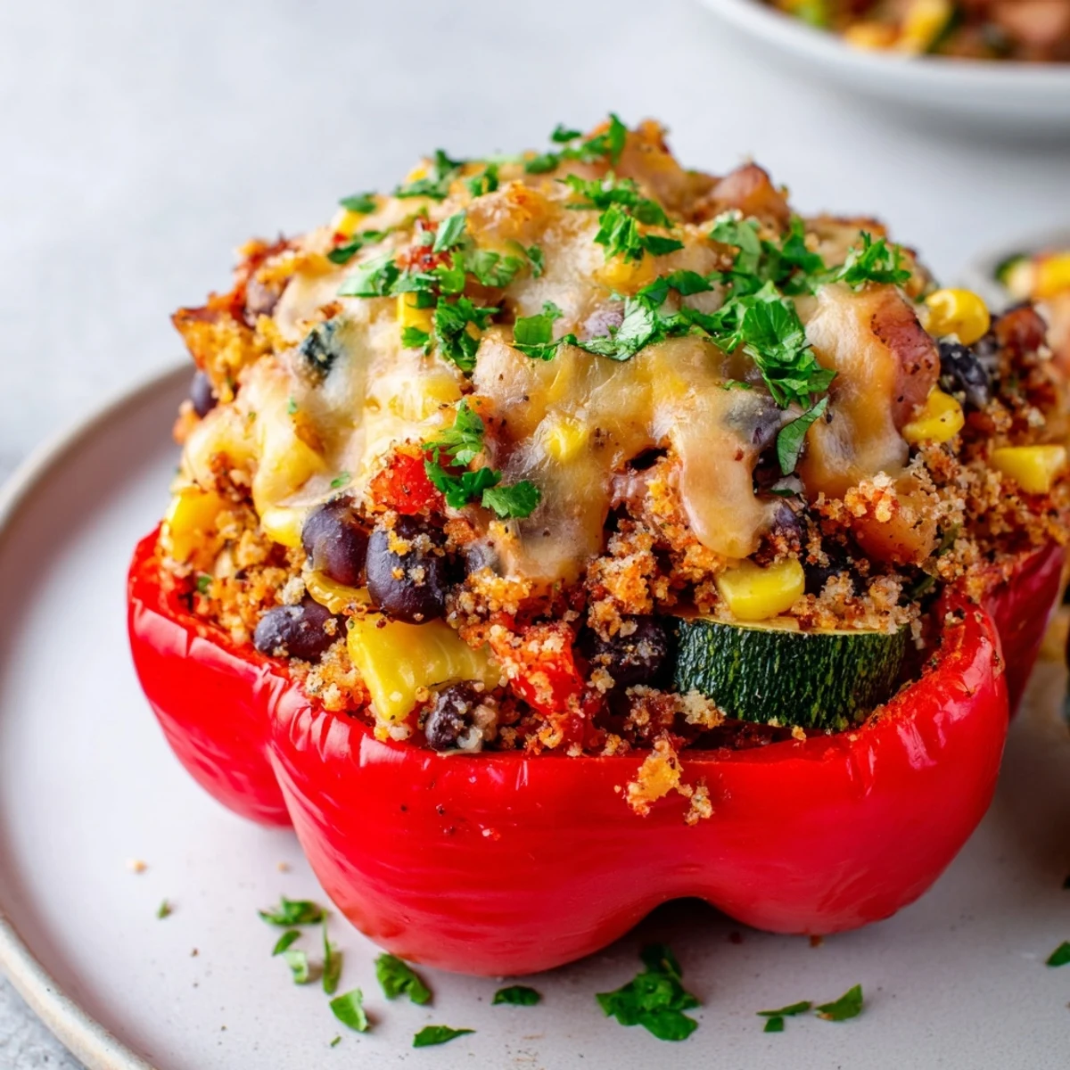 A close-up of Cajun Potato Stuffed Bell Peppers topped with melted cheese, ready to serve alongside a fresh green salad.