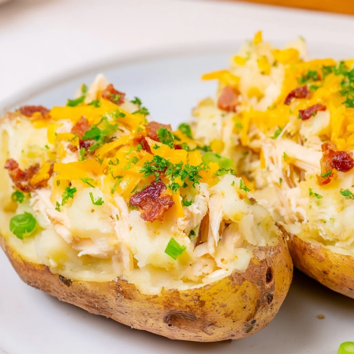 Crispy-skinned russet potatoes filled with creamy, savory shredded chicken and melted cheddar cheese, garnished with fresh parsley.