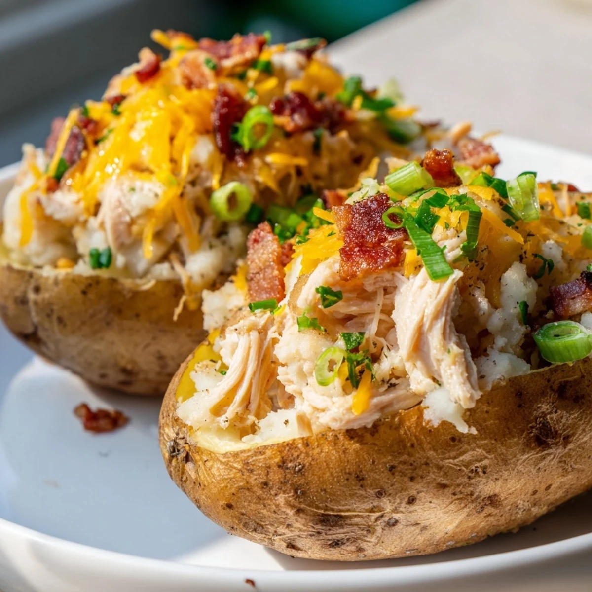 Golden twice-baked potatoes overflowing with a hearty chicken mixture, speckled with green onions and crumbled bacon for extra flavor.