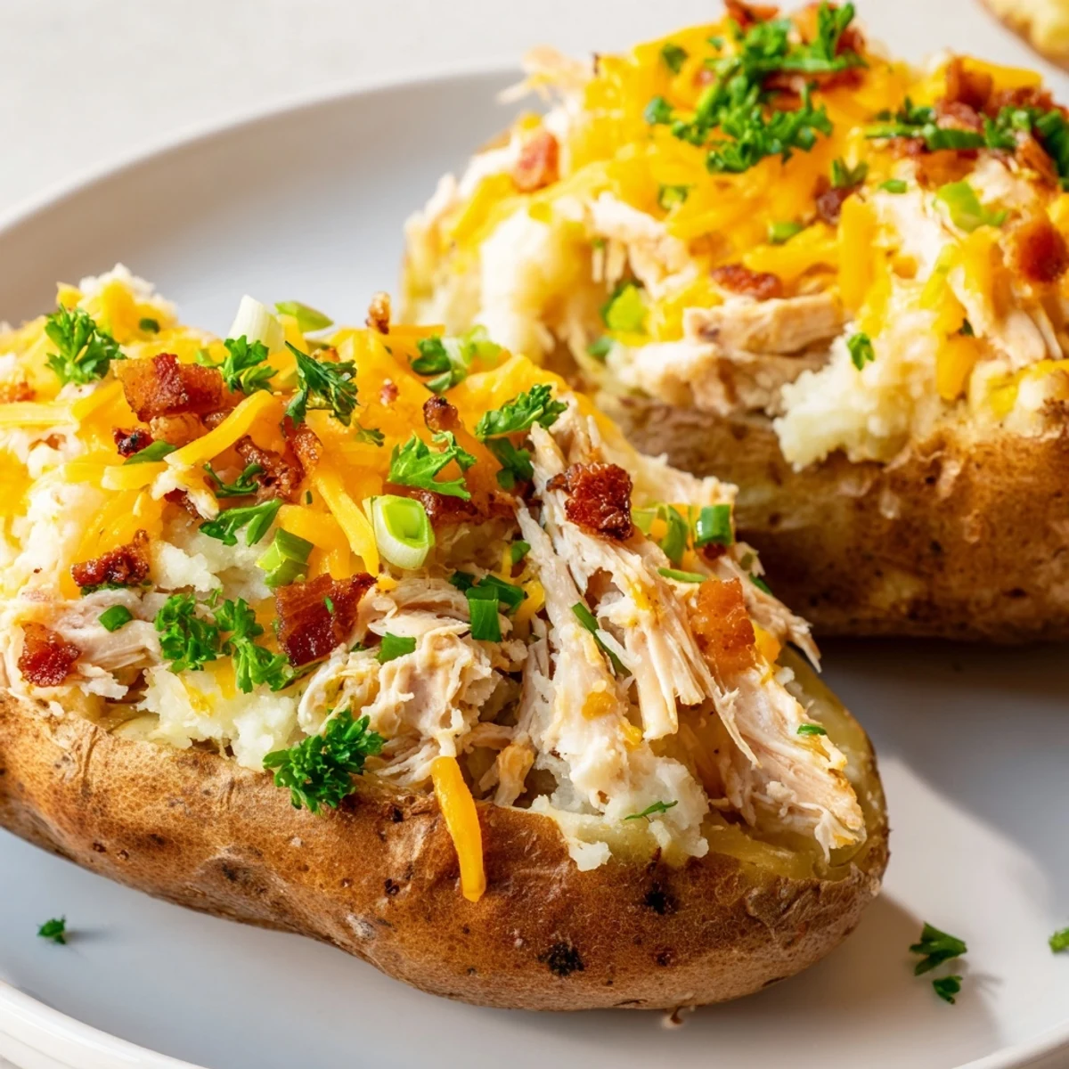 Freshly baked Mud Chicken Stuffed Twice Baked Potatoes served hot with a side salad, showcasing a rich and cheesy filling.