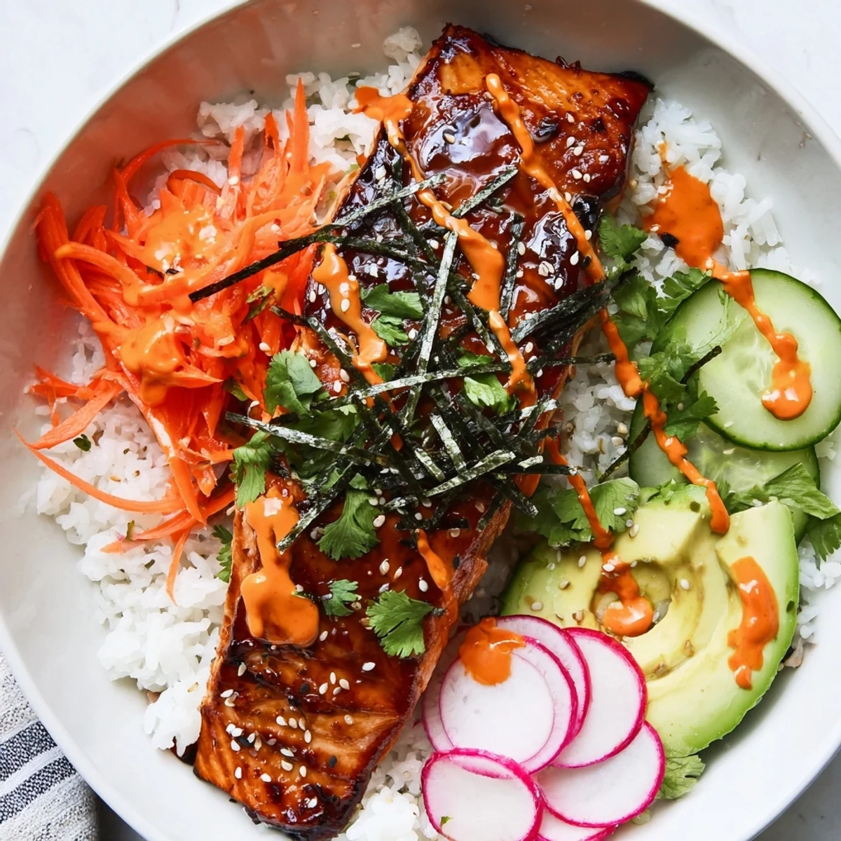 Flaky teriyaki-glazed salmon sits atop fluffy jasmine rice in these vibrant Teriyaki Salmon Rice Taco Bowls with Pickled Veggies.