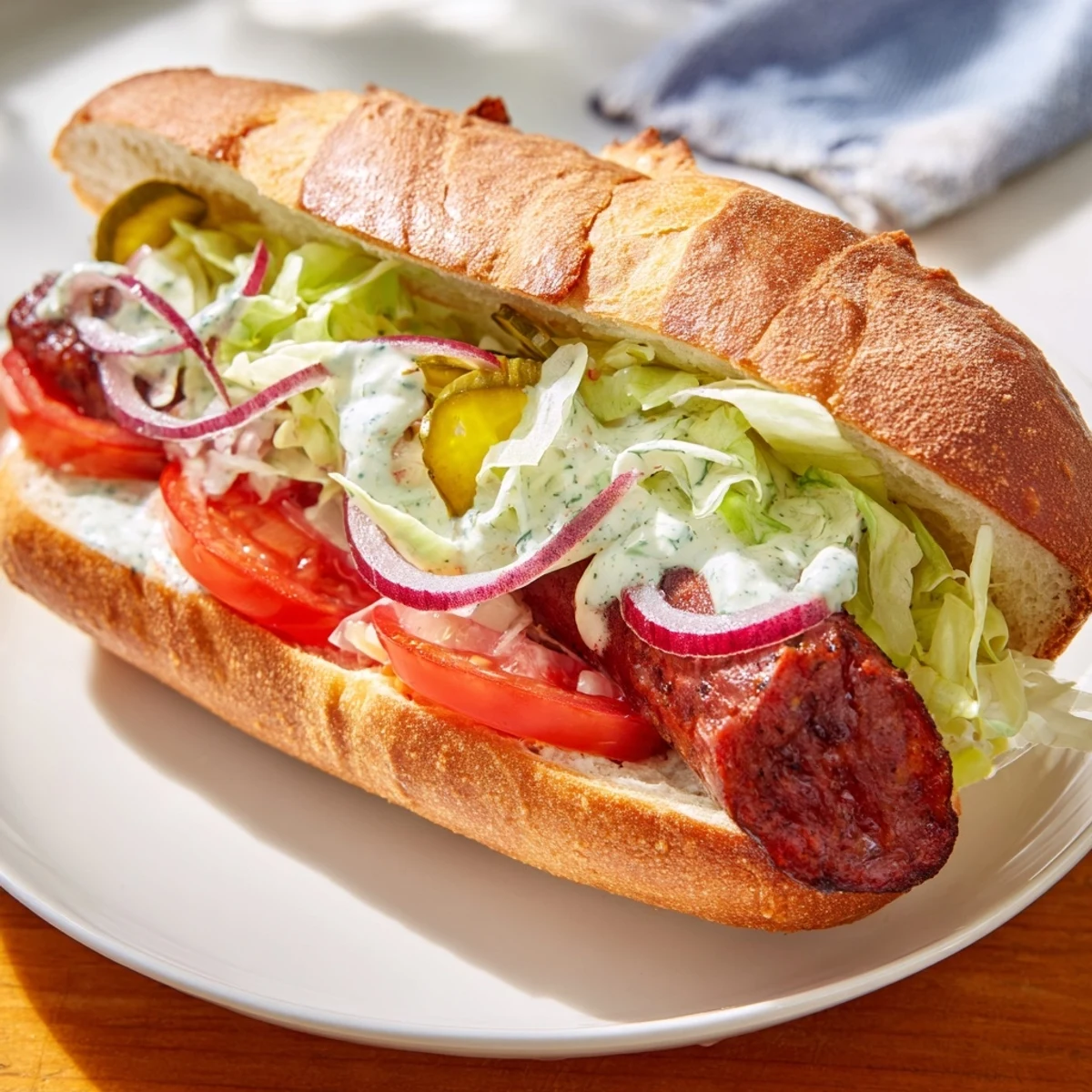 Grilled Cajun Beef Sausage Po Boy Sandwiches stacked high with crisp lettuce and ripe tomatoes on a crusty baguette.