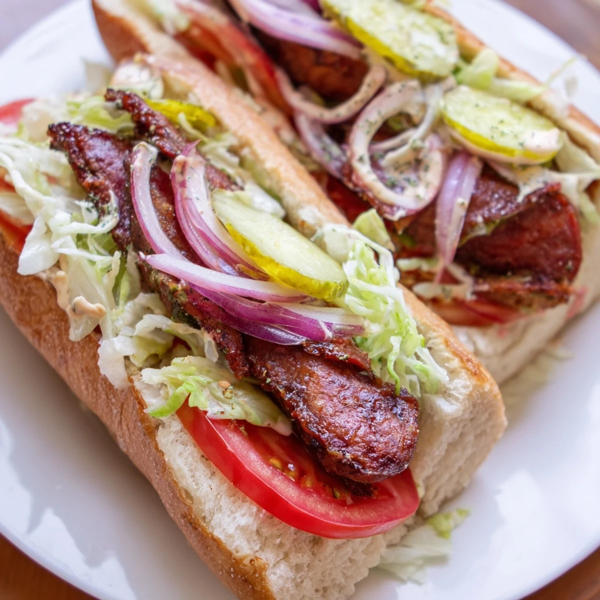 A close-up of Cajun Beef Sausage Po Boy Sandwiches oozing with creamy Creole remoulade and tangy pickles.