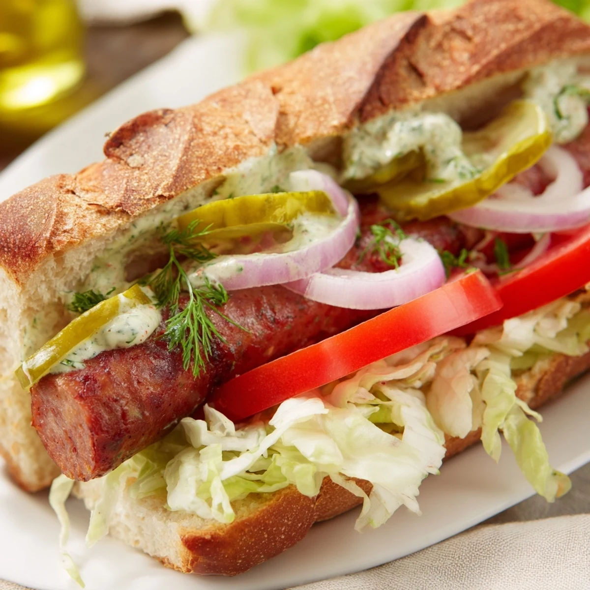 Juicy Grilled Cajun Beef Sausage Po Boy Sandwiches served on a wooden board with extra pickles and onion slices.