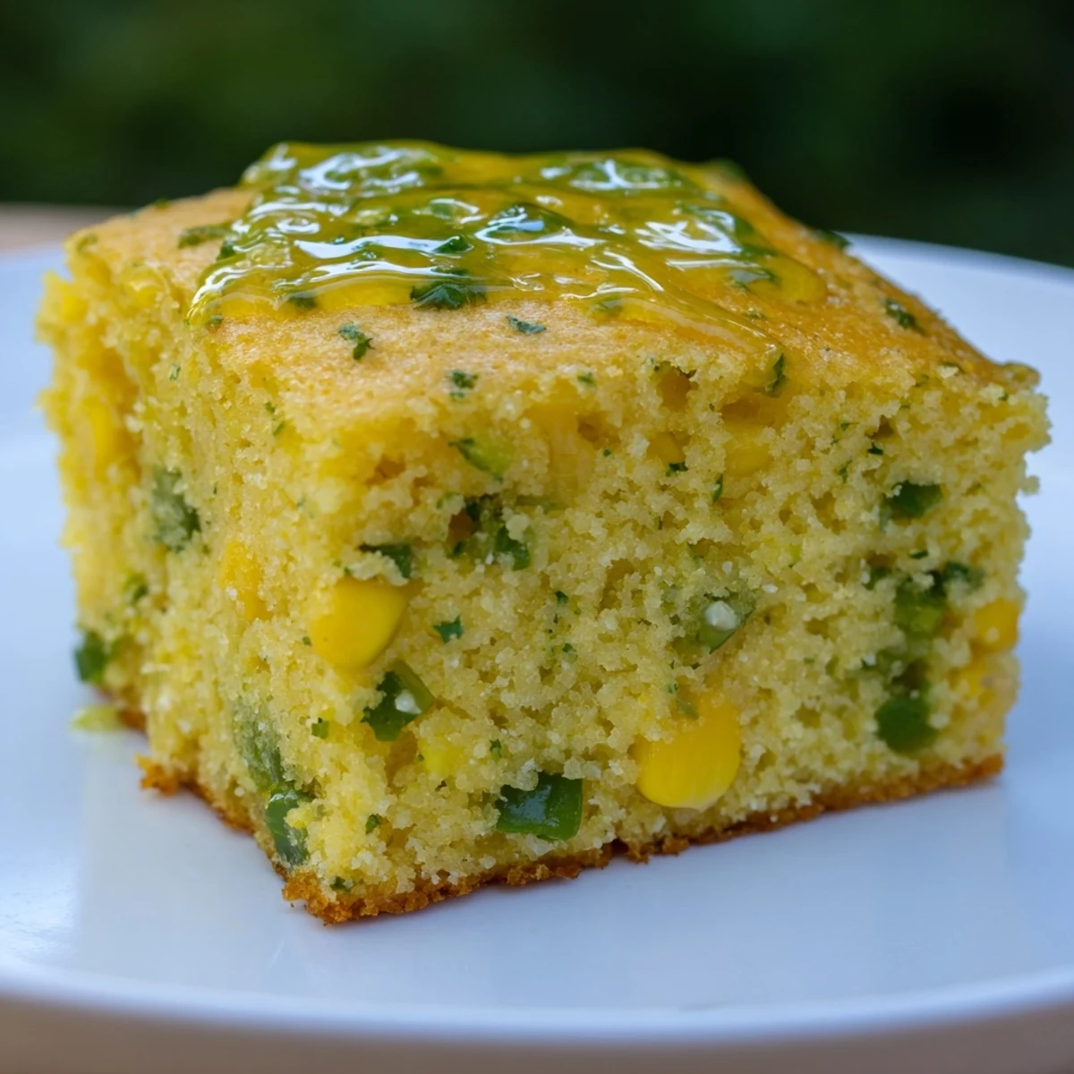 Freshly baked Spicy Sweet Jalapeño Cornbread with Zesty Lime Drizzle, showing a moist golden crumb and vibrant glaze.