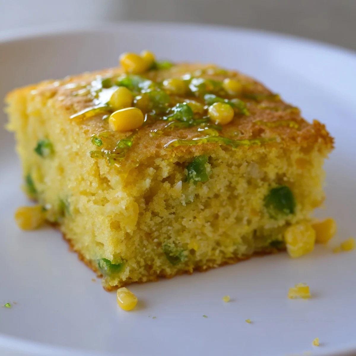 Warm Spicy Sweet Jalapeño Cornbread topped with a glossy Zesty Lime Drizzle, served on a rustic wooden board.