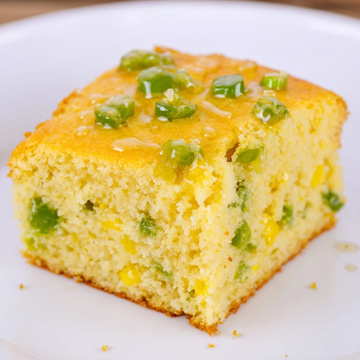 Slice of Spicy Sweet Jalapeño Cornbread with Zesty Lime Drizzle revealing sweet corn kernels and specks of jalapeño.