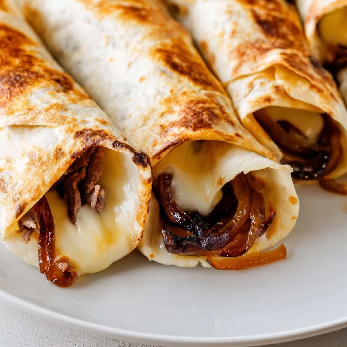 Warm Easy French Dip Tortilla Roll Ups arranged on a serving platter, featuring bubbly melted cheese and savory roast beef alongside a small ramekin of rich dipping sauce.
