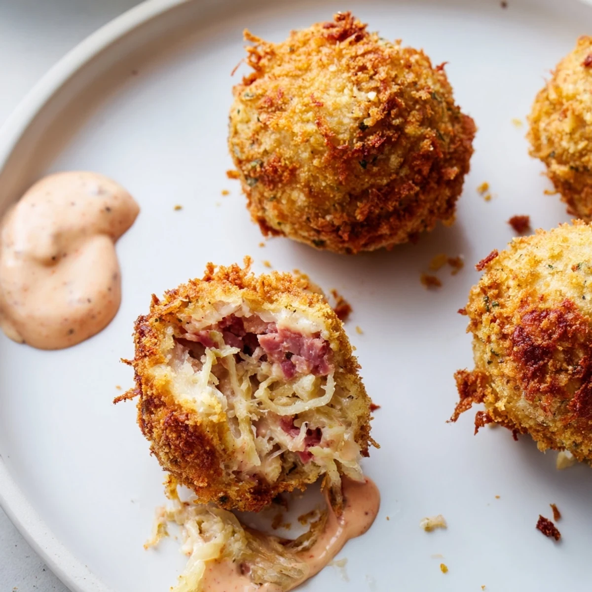 Golden-brown, crispy Reuben Balls with Spicy Thousand Island dip, showcasing panko crumbs and a creamy red dipping sauce.