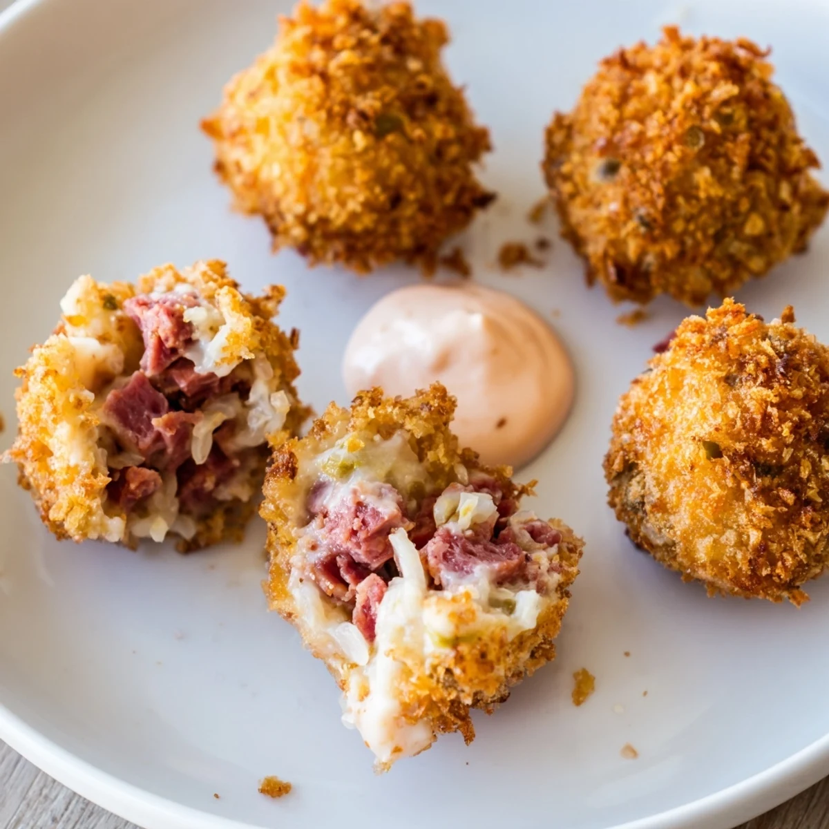 Freshly fried Reuben Balls with Spicy Thousand Island on a platter, next to a small bowl of the zesty sauce.