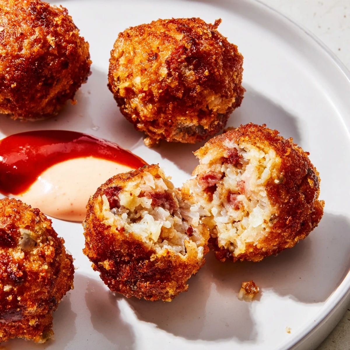 Close-up of Reuben Balls with Spicy Thousand Island, highlighting the crispy texture and the bold, spicy dipping sauce.