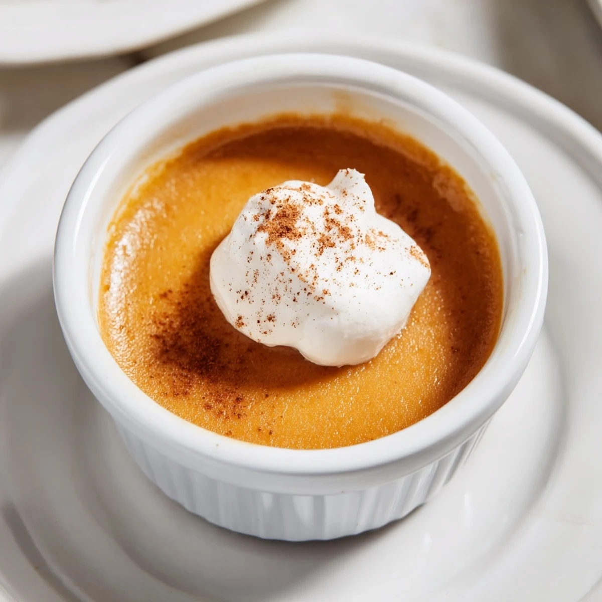 A close-up of Effortless Baked Pumpkin Pudding in a ramekin, topped with whipped cream and cinnamon.