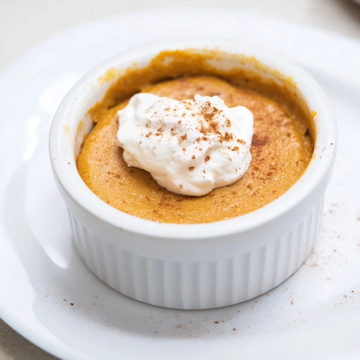 Effortless Baked Pumpkin Pudding served warm with a dollop of cream and a sprinkle of toasted pecans.
