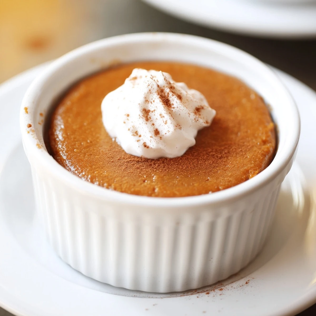 A slice of Effortless Baked Pumpkin Pudding reveals its silky, creamy texture in a rustic baking dish.