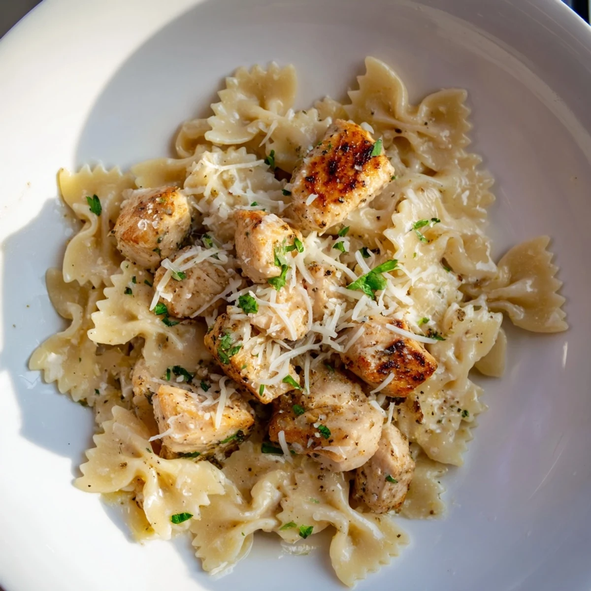 Steaming bowtie pasta coated in rich garlic butter with golden chicken and melted mozzarella in a creamy sauce.