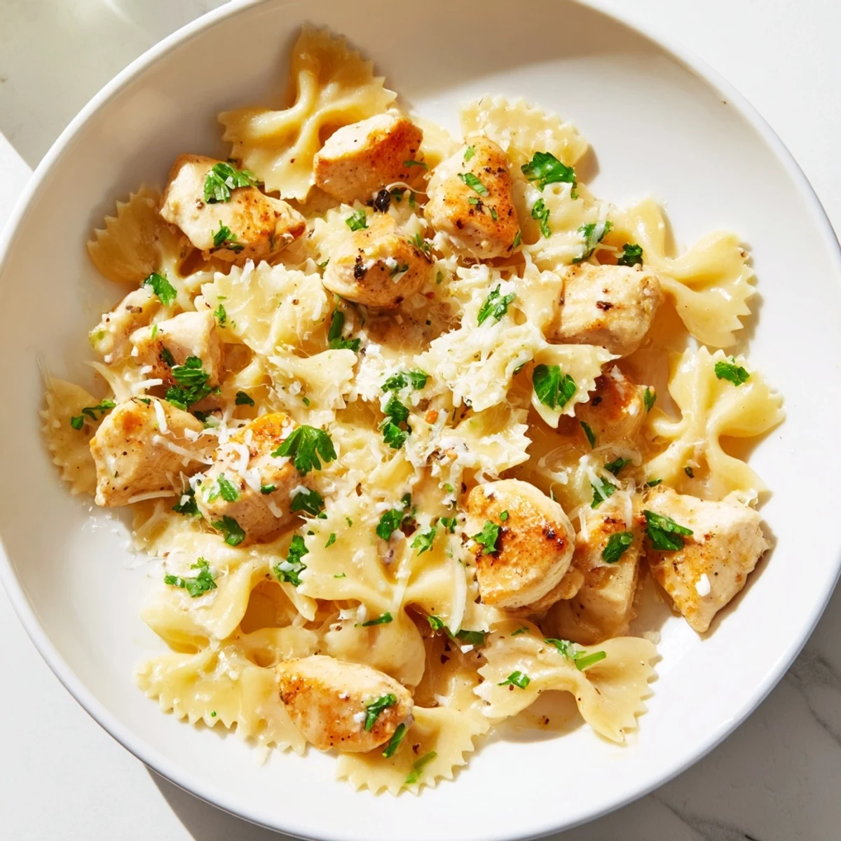 Fork-ready bowties and tender chicken pieces glistening in cheesy garlic butter sauce, garnished with fresh parsley.