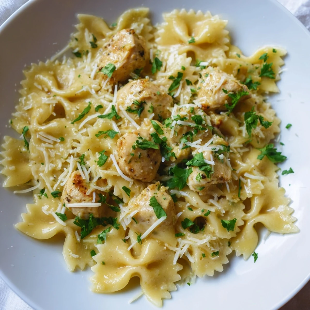 Comforting bowl of Mozzarella Garlic Butter Chicken Bowties with creamy sauce, ready for a family dinner.